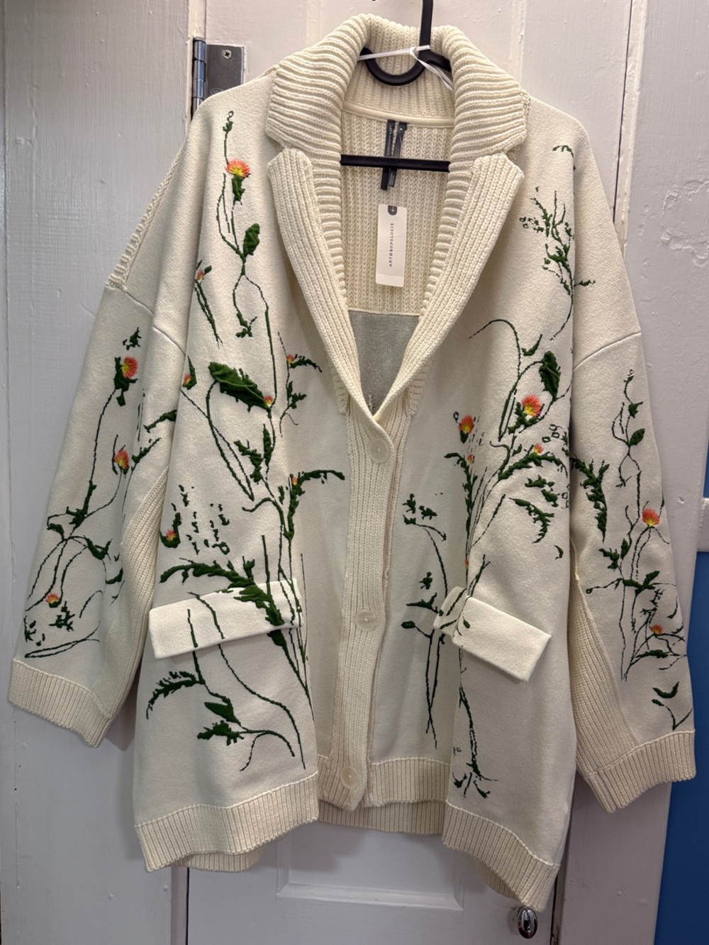 Anthropologie Cream Floral Embroidered Shawl Collar Cardigan Sweater